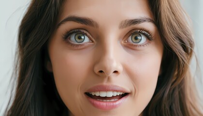 Fototapeta premium Surprised woman expressing joy indoor setting portrait photography bright lighting close-up view emotion and expression