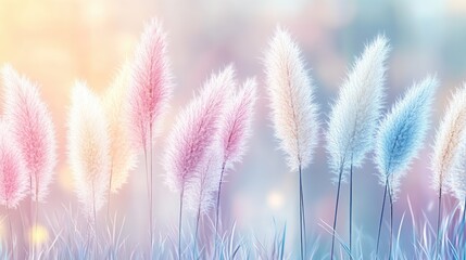Delicate, pastel-hued grasses in a soft, sunlit field.