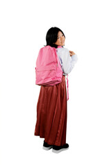 Happy Asian Schoolgirl with Pink Backpack Turning Back Isolated on White Background