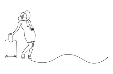 Continuous one line drawing of Young tourist woman with luggage. Single line drawing illustration of Woman with luggage. Tourist girl having holiday trip concept vector art. Doodle line illustration.
