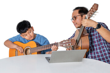 Father Teaching Son to Play Guitar Online