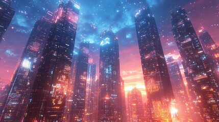 Futuristic city skyline at sunset with glowing skyscrapers.