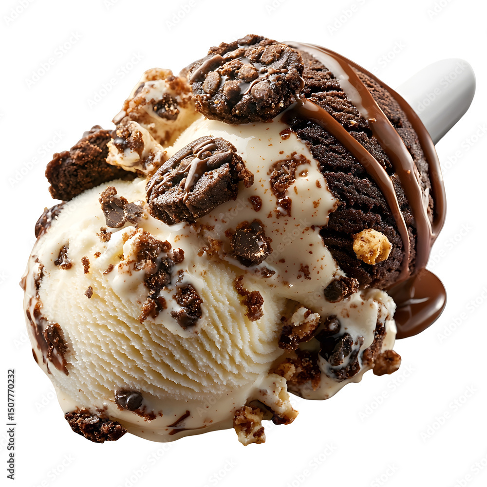 Poster a photograph of a generous scoop of creamy cookies and cream ice cream showcasing visible chunks of 