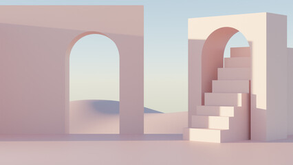 3D render of minimalist architectural scene with arches, stairs, and soft natural lighting. Abstract modern space in pastel colors, perfect for background, presentation, or digital art asset.
