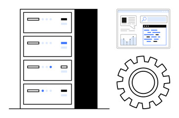 Data servers alongside a user interface screen and a gear outline representing database management, technology, IT operations, cloud computing, system configuration, and planning. Ideal for tech
