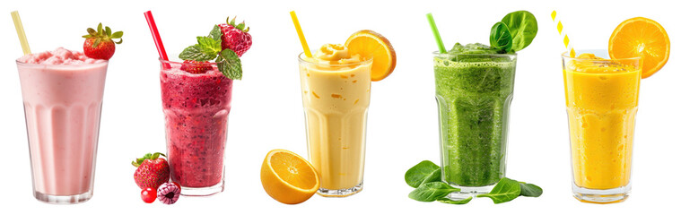 PNG Colorful refreshing fruit smoothies lineup, element set on transparent background