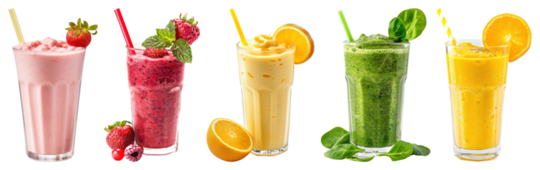 PNG Colorful refreshing fruit smoothies lineup, element set on transparent background