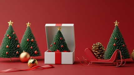 Christmas trees, a gift box, and a sleigh on a red background.