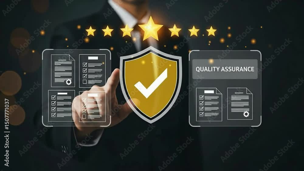 Poster quality assurance and certification compliance concept. woman touching standard quality control cert