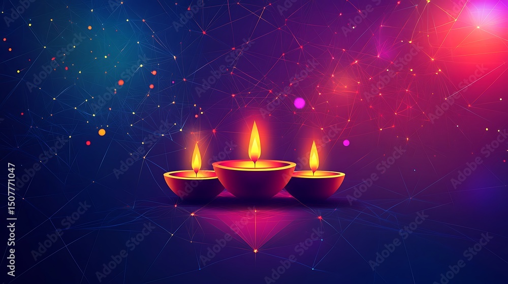 Aufkleber three diyas in a dark background with colorful geometric patterns.