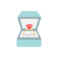 Vector illustration of a red gemstone engagement ring in an open jewelry box. Perfect for wedding, proposal, love, and romantic designs.