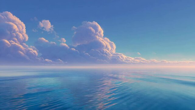 Peaceful ocean scene at sunrise or sunset. Soft pastel colors in the sky and water. Calm and serene atmosphere.  Fluffy clouds reflected on the water's surface. Tranquil seascape.