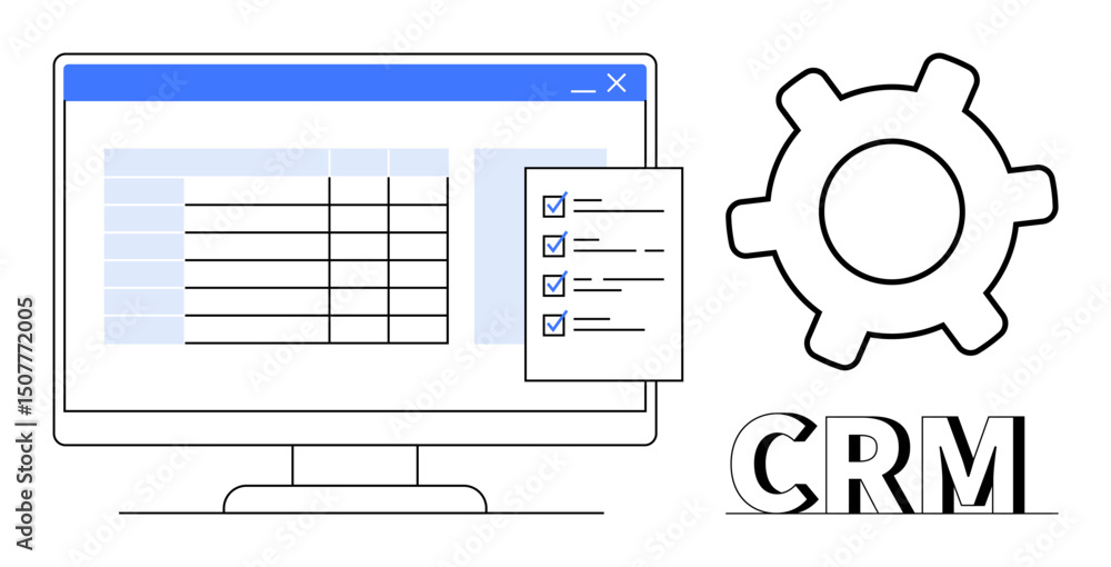 Poster computer screen with a tabular data interface, checklist overlay, and gear representing crm function