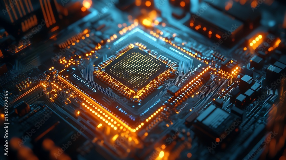 Poster close-up of microchip circuit board with glowing electronic components