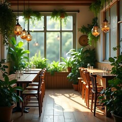 Obraz premium Eco-conscious café interior with reclaimed wood tables, indoor plants, natural lighting, and hanging jar decor showcasing sustainable lifestyle and green business design inspiration