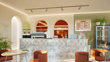 Modern interior design of a coffee shop with a tiled bar counter, arched windows, and round tables. Warm tones, stylish lighting, and indoor plants. Cozy Mediterranean vibe. 3d render