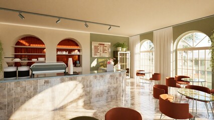 Modern interior design of a coffee shop with a tiled bar counter, arched windows, and round tables. Warm tones, stylish lighting, and indoor plants. Cozy Mediterranean vibe. 3d render