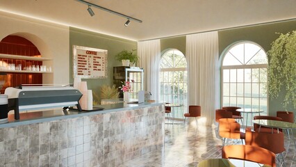 Modern interior design of a coffee shop with a tiled bar counter, arched windows, and round tables. Warm tones, stylish lighting, and indoor plants. Cozy Mediterranean vibe. 3d render