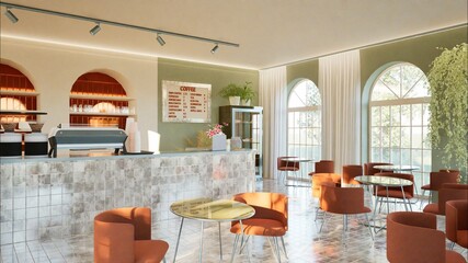 Modern interior design of a coffee shop with a tiled bar counter, arched windows, and round tables. Warm tones, stylish lighting, and indoor plants. Cozy Mediterranean vibe. 3d render