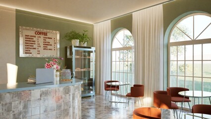 Modern interior design of a coffee shop with a tiled bar counter, arched windows, and round tables. Warm tones, stylish lighting, and indoor plants. Cozy Mediterranean vibe. 3d render