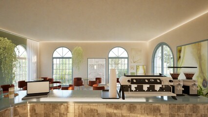 Modern interior design of a coffee shop with a tiled bar counter, arched windows, and round tables. Warm tones, stylish lighting, and indoor plants. Cozy Mediterranean vibe. 3d render