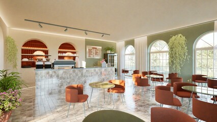 Modern interior design of a coffee shop with a tiled bar counter, arched windows, and round tables. Warm tones, stylish lighting, and indoor plants. Cozy Mediterranean vibe. 3d render