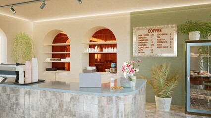 Modern interior design of a coffee shop with a tiled bar counter, arched windows, and round tables. Warm tones, stylish lighting, and indoor plants. Cozy Mediterranean vibe. 3d render
