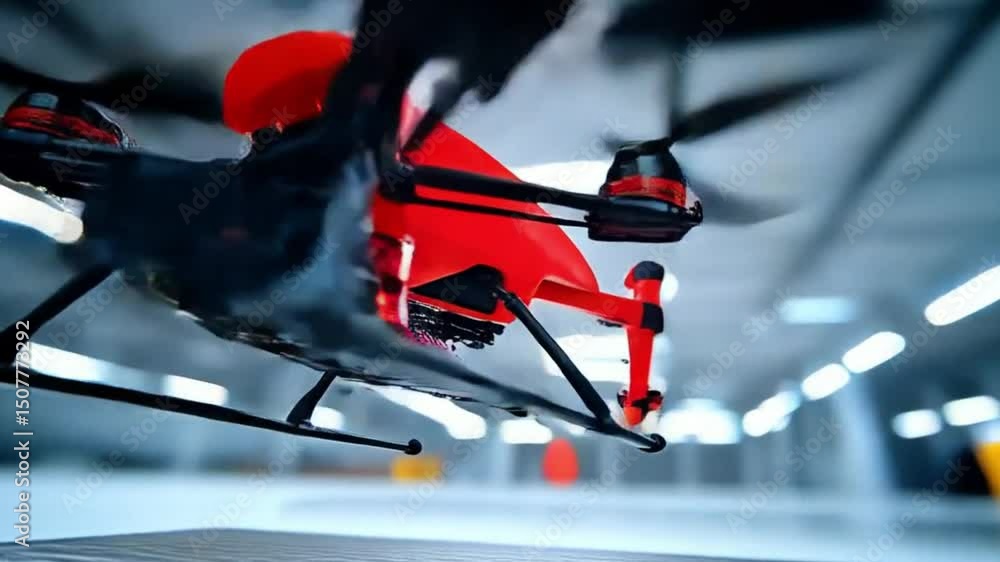 Aufkleber a close-up view of a drone hovering in an industrial space with blurred background activity