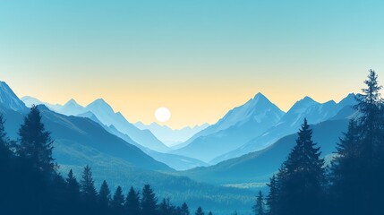 Fototapeta premium A tranquil mountain vista at sunrise, painted in soft blues and silhouetted trees.