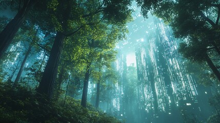 Lush forest canopy with futuristic structures.