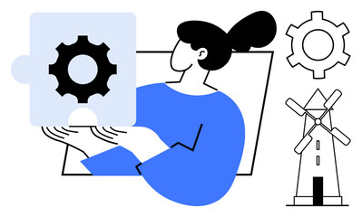 Woman holding puzzle piece featuring gear icon. Windmill and gearwheel symbolize teamwork, problem-solving, creativity, sustainability, innovation, strategic thinking, and mental processes. Ideal