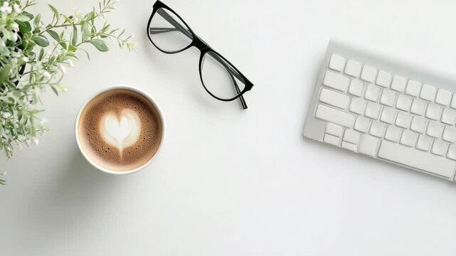 Modern Workspace Flat Lay with Coffee Art, Keyboard, and Stylish Eyeglasses