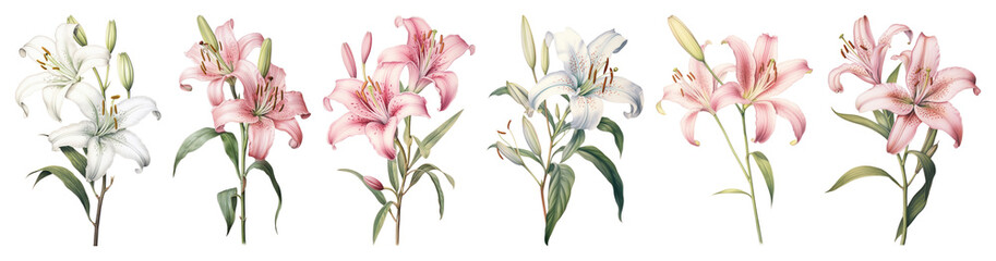 Obraz premium PNG Soft pink Lily branch lily illustration botanical transparent background.
