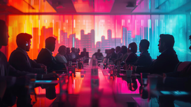 Business meeting with colorful city skyline backdrop