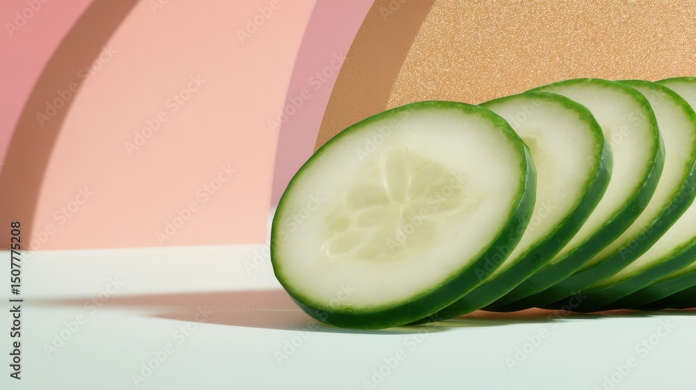 Poster sliced cucumber on a minimalist backdrop.