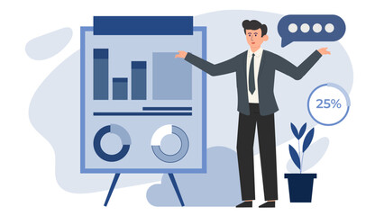 Flat business character illustration set. Professional people with charts, analytics, and report elements. Ideal for presentations, marketing, financial, and corporate UI design.