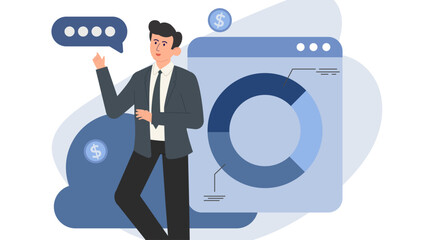 Flat business character illustration set. Professional people with charts, analytics, and report elements. Ideal for presentations, marketing, financial, and corporate UI design.