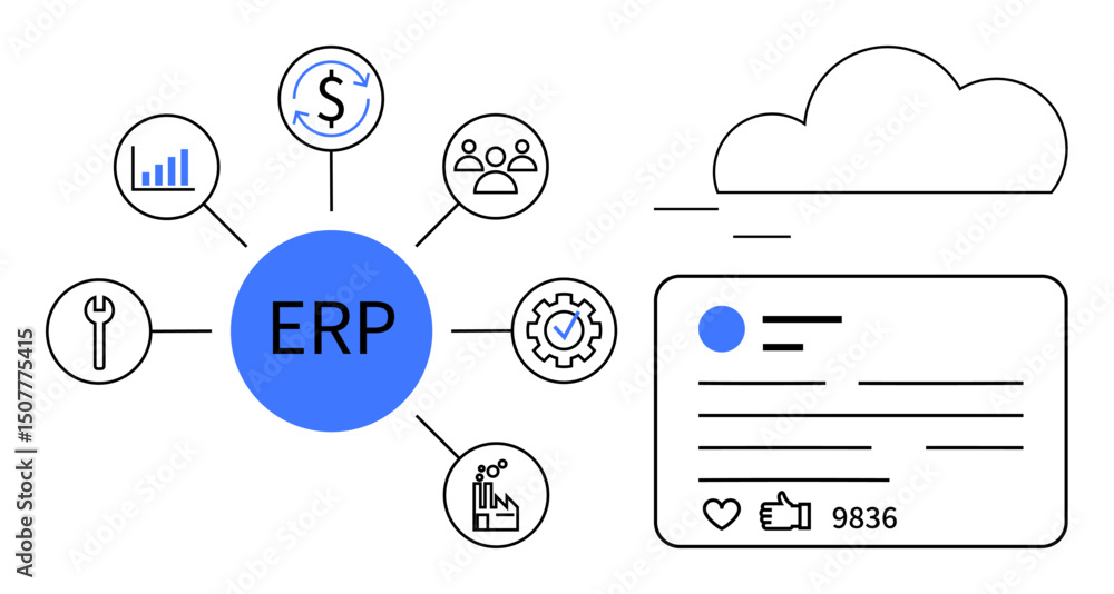 Poster erp hub linked to analytics, finance, team, cloud storage, tools, and automation concepts. ideal for