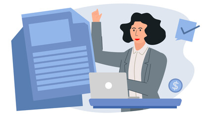 Flat business character illustration set. Professional people with charts, analytics, and report elements. Ideal for presentations, marketing, financial, and corporate UI design.