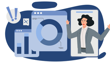 Flat business character illustration set. Professional people with charts, analytics, and report elements. Ideal for presentations, marketing, financial, and corporate UI design.