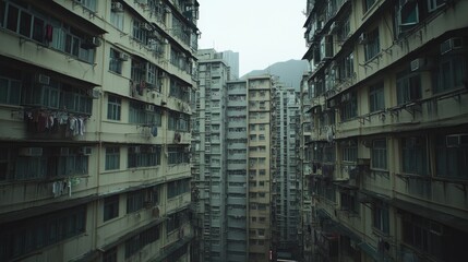 apartment buildings with balconies on overcast day in city