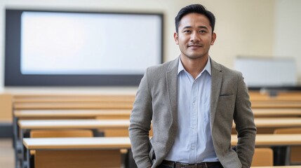 Portrait of a confident Filipino teacher in a university classroom, symbolizing professionalism, diversity, and excellence in higher education.