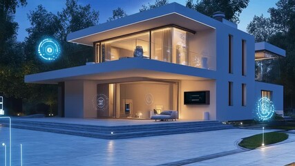 Modern smart home exterior showcasing advanced technology and automation - Powered by Adobe