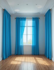 Fototapeta premium Sunlit Interior with Vibrant Blue Curtains Framing a Bright Window View