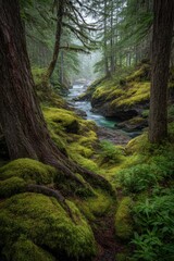 Obraz premium Misty Forest Stream With Lush Green Moss