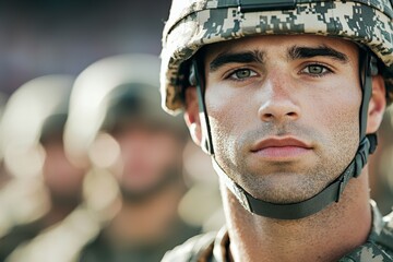 Fototapeta na wymiar Man in a military uniform is wearing a helmet and looking at the camera