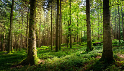 Naklejka premium a wild forest with trees and lots of green in spring