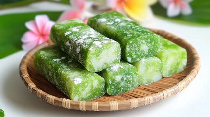 Green, square, matcha-flavored mochi