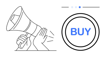 Hand holding megaphone with sound waves and clickable Buy button. Ideal for online marketing, advertising strategy, consumer behavior, sales, promotion, e-commerce, simple landing page