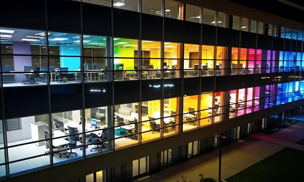 Colorful Illuminated Office Building at Night